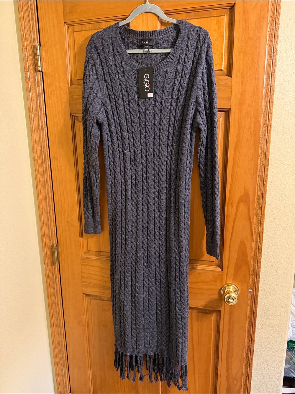 GiGio Charcoal Cable-Knit Fringe Maxi Dress